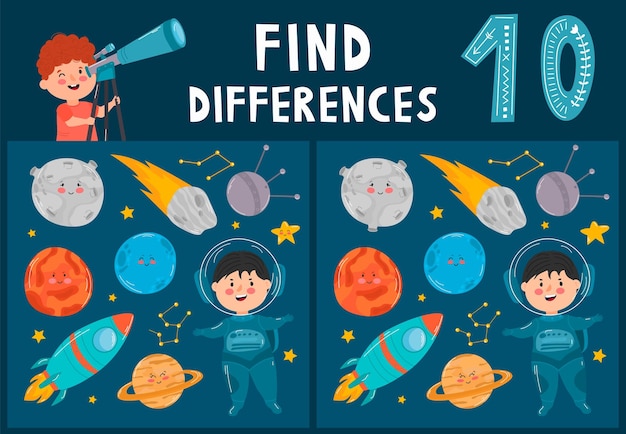 Encuentra diez diferencias elementos espaciales de dibujos animados lindo niño astronauta cohete planetas y estrellas juego educativo para niños en edad preescolar un niño mirando a través del telescopio en la noche ilustración vectorial