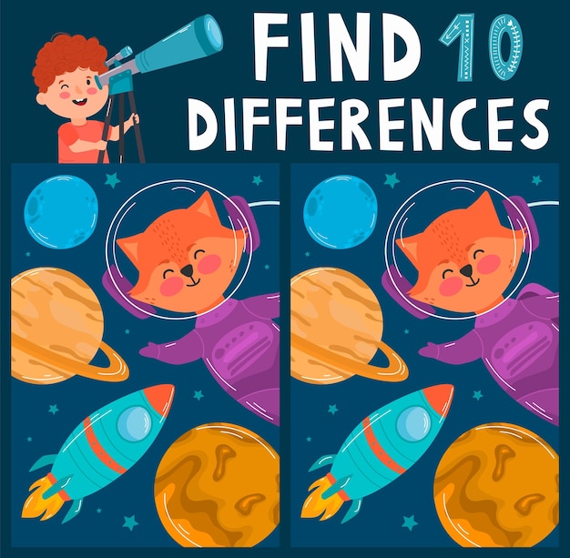 Encuentra diez diferencias elementos espaciales de dibujos animados lindo zorro astronauta cohete planetas y estrellas juego educativo para niños en edad preescolar un niño mirando a través del telescopio por la noche ilustración vectorial