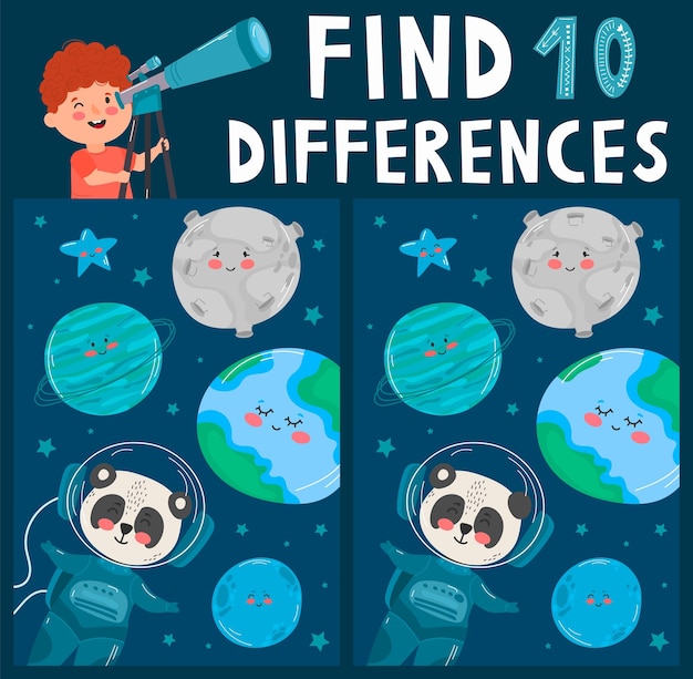 Encuentra diez diferencias Elementos espaciales de dibujos animados lindos astronautas planetas y estrellas Juego educativo para niños en edad preescolar Un niño mirando a través del telescopio por la noche Ilustración vectorial