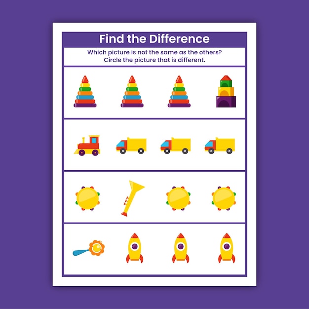 Encuentra la diferencia de color Hojas de trabajo actividad para niños en edad preescolar
