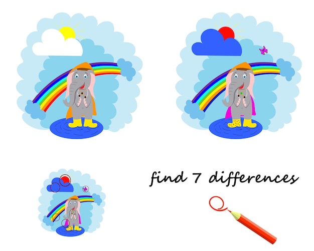 Encuentra la diferencia que el elefante de dibujos animados está parado cerca del arco iris, un juego para niños vector