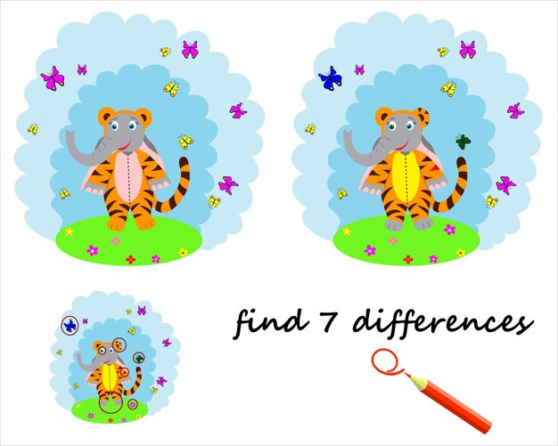 Encuentra la diferencia que el elefante de dibujos animados está parado cerca del arco iris, un juego para niños vector