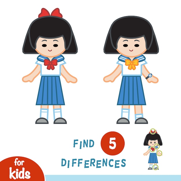 Encuentra diferencias, juego educativo para niños, colegiala japonesa