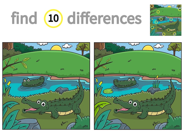 Vector encuentra diferencias juego educativo para niños ilustración vectorial de cocodrilo en el lago