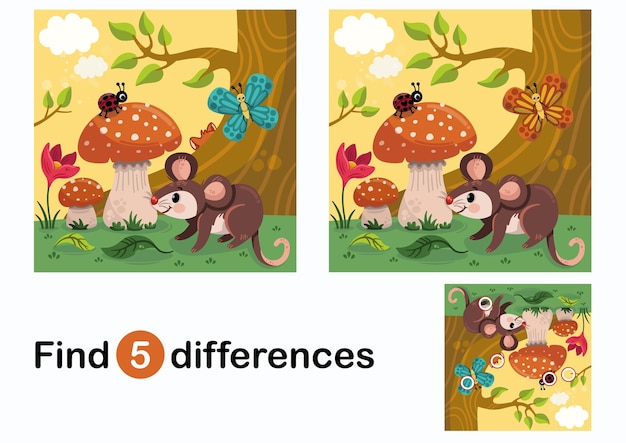 Vector encuentra diferencias juego educativo para niños pequeños animales del bosque en la naturaleza