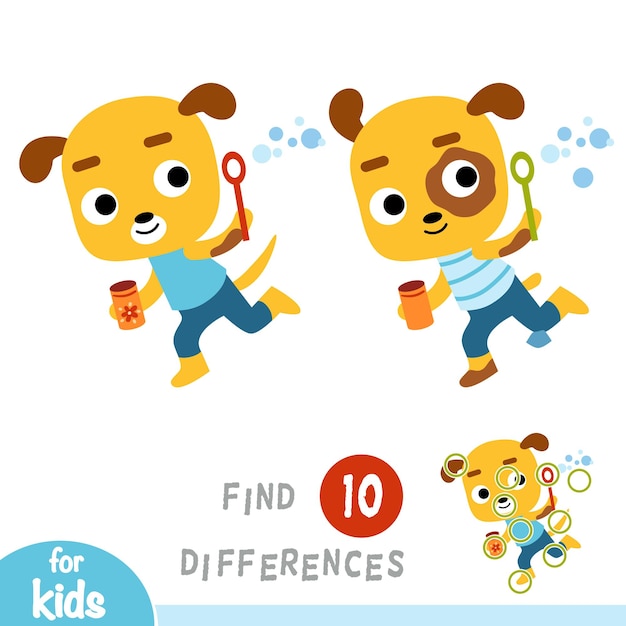 Encuentra diferencias juego educativo para niños perro y pompas de jabón.