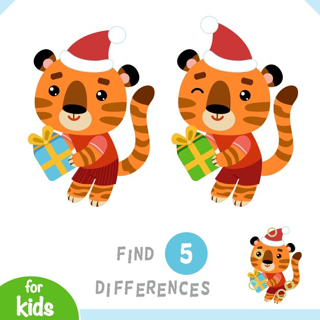 Encuentra diferencias, juego educativo para niños, tigre y regalo.