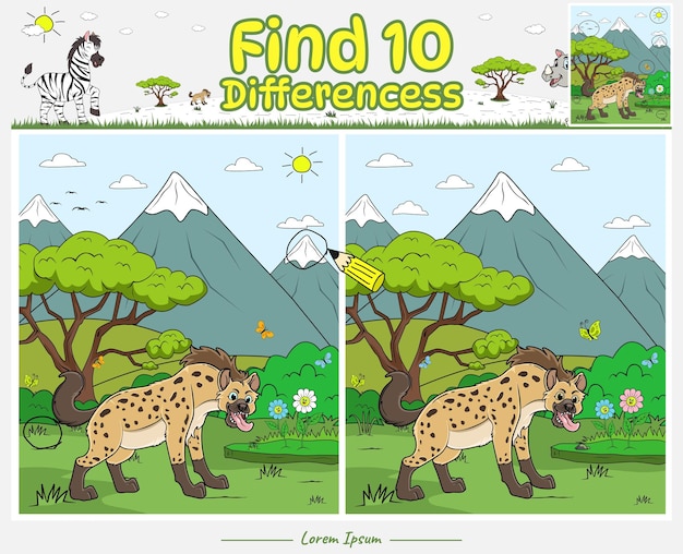 Vector encuentra diferencias juego para niños con hyena dibujos animados savanna