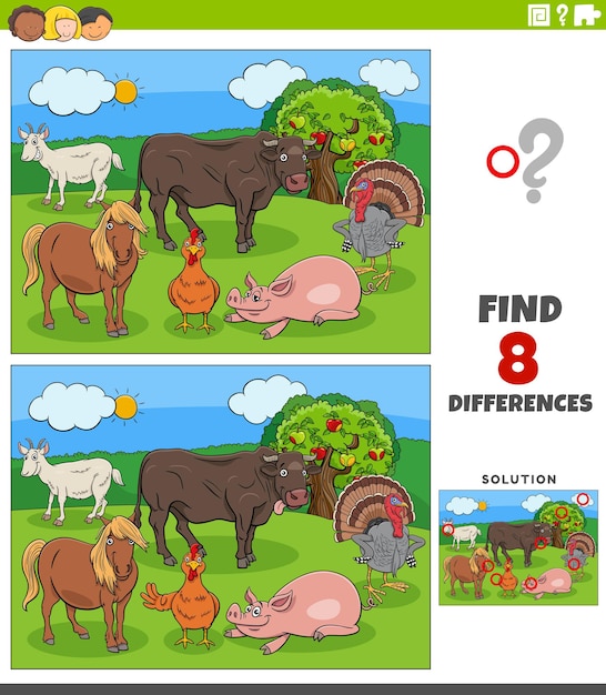 Vector encuentra las diferencias tarea para niños con personajes de animales de granja.