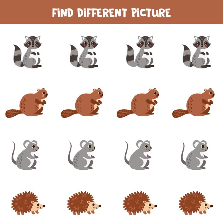 Vector encuentra diferentes animales del bosque en cada fila juego lógico para niños en edad preescolar
