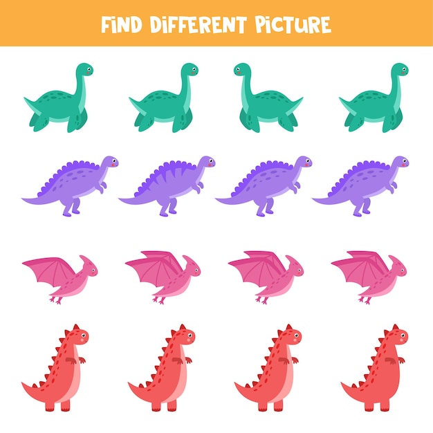 Encuentra diferentes imágenes de dinosaurios en cada fila. Juego de lógica educativo para niños.