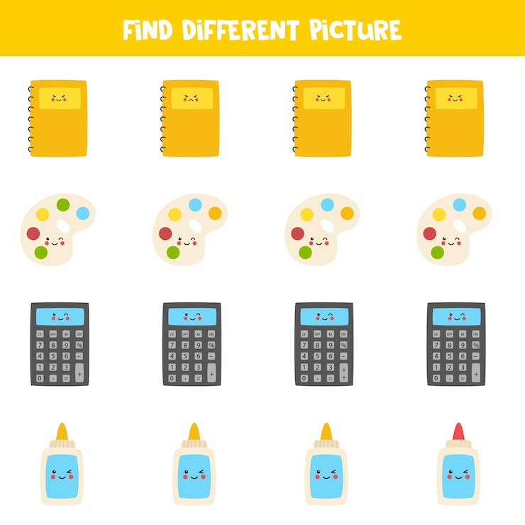 Vector encuentra diferentes útiles escolares en cada fila juego lógico para niños en edad preescolar