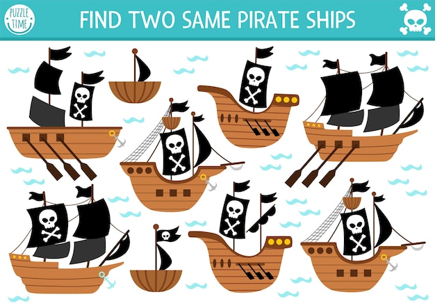 Encuentra dos barcos piratas iguales Actividad de combinación de la isla del tesoro para niños Hoja de trabajo de prueba educativa de aventuras marinas para niños para habilidades de atención Juego simple imprimible con lindos barcosxA