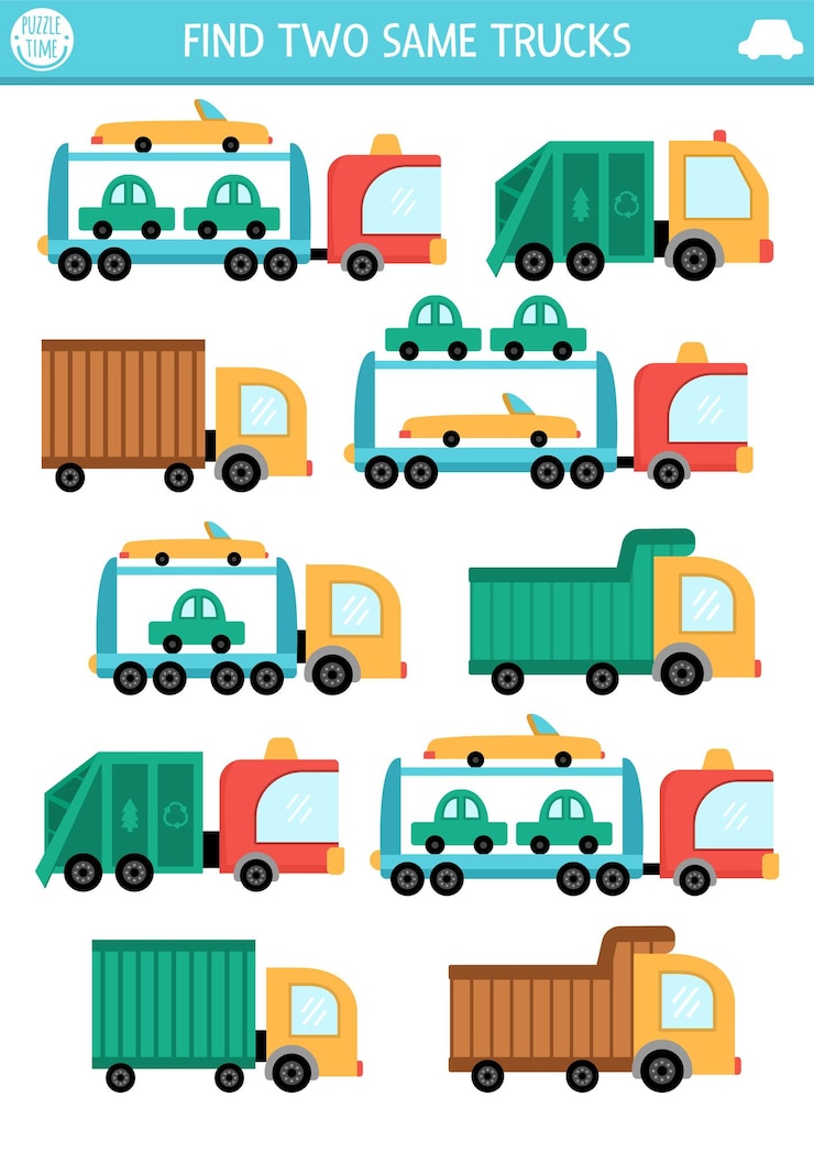Vector encuentra dos camiones iguales actividad de emparejamiento de transporte para niños transporte de la ciudad ficha de trabajo educativa para niños para habilidades de atención juego sencillo imprimible con camiones lindosxa
