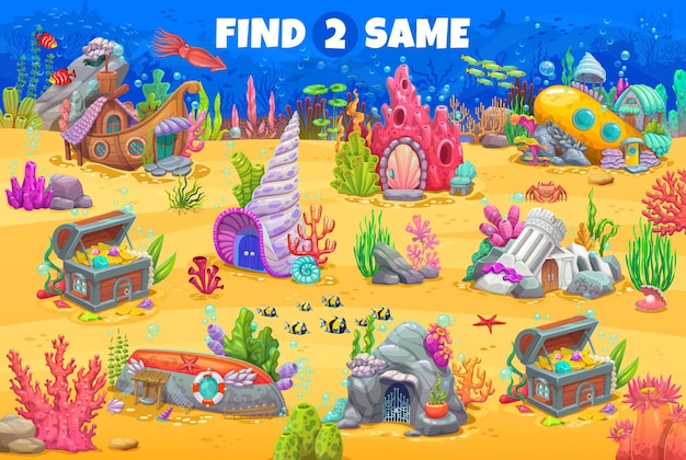 Encuentra dos casas submarinas de cuento de hadas de dibujos animados iguales