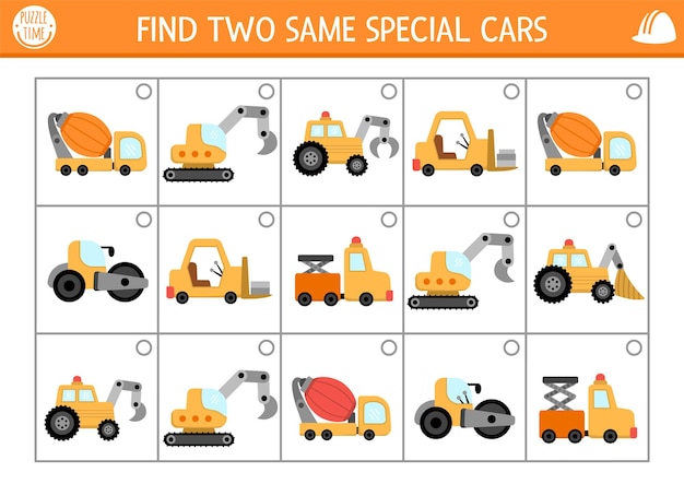 Encuentra dos coches especiales iguales Actividad de emparejamiento de sitios de construcción para niños Edificio trabaja hoja de trabajo de cuestionario educativo para niños para habilidades de atención Juego de impresión simple con vehículos lindos xA