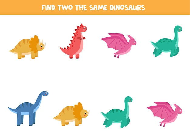 Encuentra dos dinosaurios idénticos. Juego educativo para niños en edad preescolar.