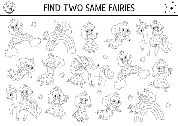 Encuentra dos hadas iguales página de colorear Mundo mágico actividad de emparejamiento para niños Fantasía cuento de hadas hoja de trabajo de cuestionario educativo para niño Simplemente juego impresible en blanco y negro con pequeña princesa xA