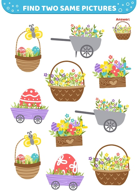 Encuentra dos imágenes iguales Canasta de Pascua Huevos de Pascua Juego para niños Vector de dibujos animados plana