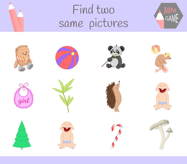 Encuentra dos imágenes iguales. Ilustración de vector de dibujos animados Actividad educativa para niños en edad preescolar.
