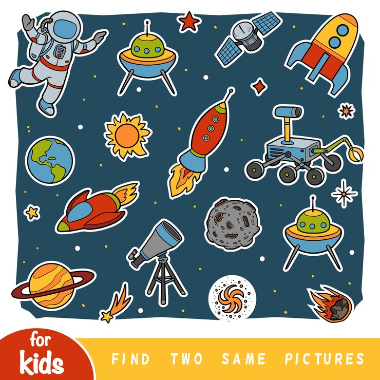Vector encuentra dos imágenes iguales, juego educativo para niños, astronauta y objetos espaciales.