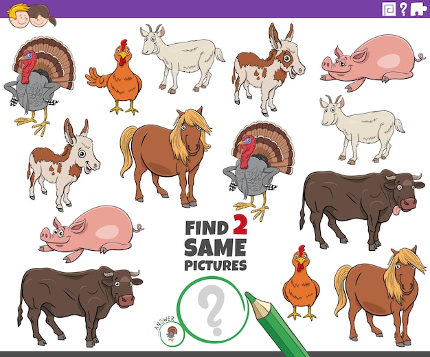 encuentra dos imágenes iguales juego educativo con personajes cómicos de animales de granja