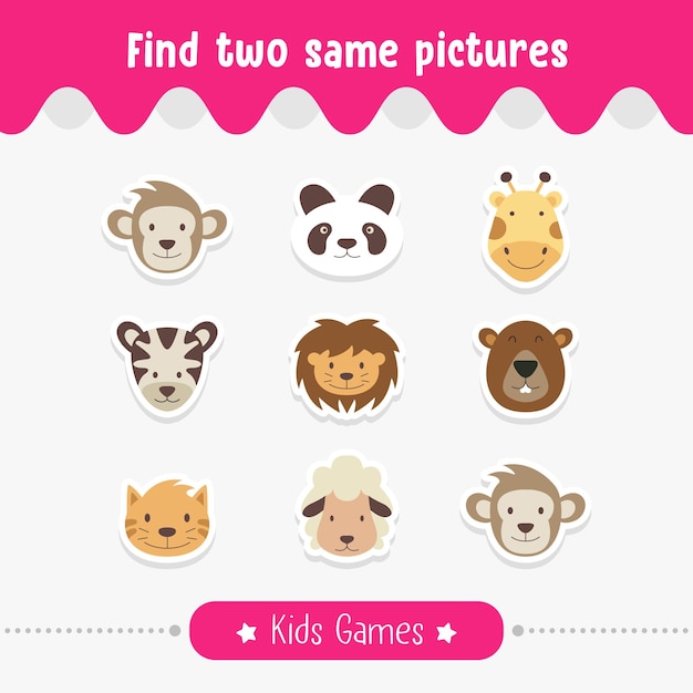 Encuentra dos imágenes iguales, juego para niños en edad preescolar.