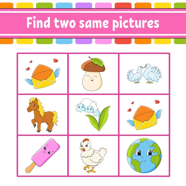 Encuentra dos imágenes iguales Tarea para niños Educación desarrollando hoja de trabajo Página de actividad Juego de colores para niños Personaje gracioso Ilustración al estilo de dibujos animados