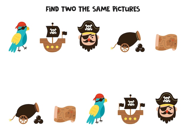 Encuentra dos lindos elementos piratas idénticos Juego educativo para niños en edad preescolar