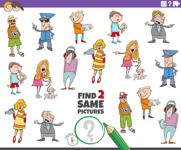 Encuentra dos mismos personajes de dibujos animados juego educativo.