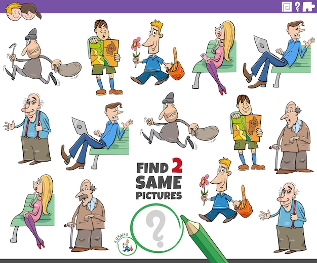 Encuentra dos mismos personajes de dibujos animados juego educativo.