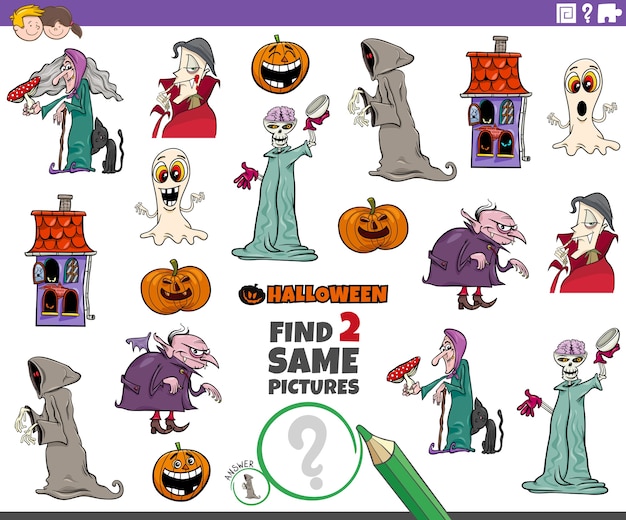 Encuentra dos mismos personajes de halloween tarea educativa para niños.