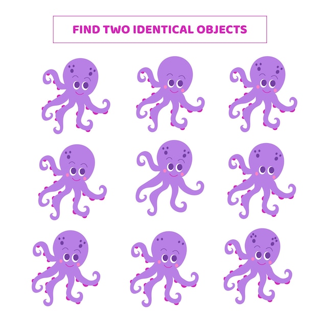 Encuentra dos objetos idénticos Juego de correspondencias con pulpo de dibujos animados