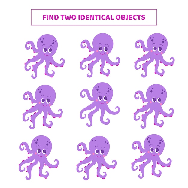 Encuentra dos objetos idénticos juego de correspondencias con pulpo de dibujos animados