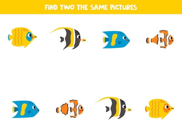 Encuentra dos peces de arrecife iguales Juego educativo para niños en edad preescolar