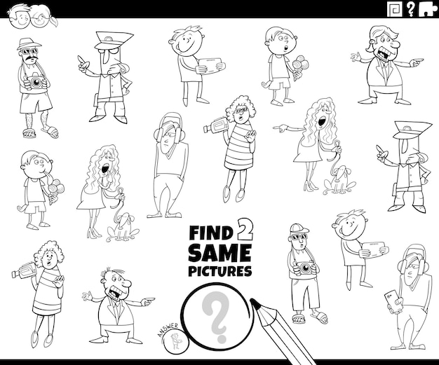 Encuentra dos personajes de dibujos animados iguales para colorear página