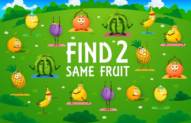 Encuentra dos personajes de frutas iguales en el juego de yoga para niños