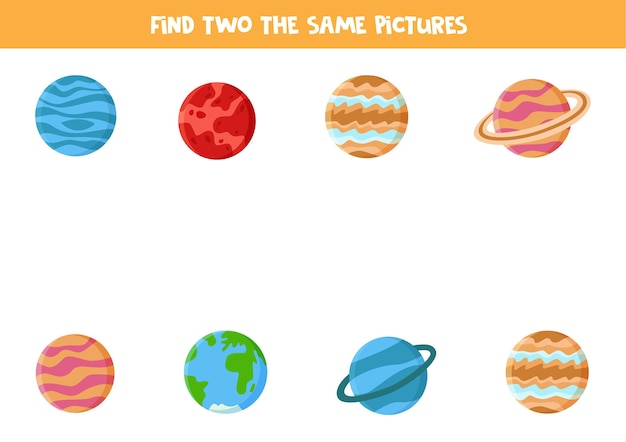 Encuentra dos planetas idénticos del sistema solar. juego educativo para niños en edad preescolar.