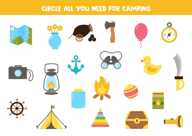Encuentra y encierra en un círculo todos los artículos que son para acampar Juego lógico para niños