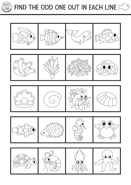 Encuentra el extraño debajo del mar actividad lógica en blanco y negro línea de vida del océano hoja de trabajo de cuestionario educativo para niños para habilidades de atención animales acuáticos simples para colorear pagexA