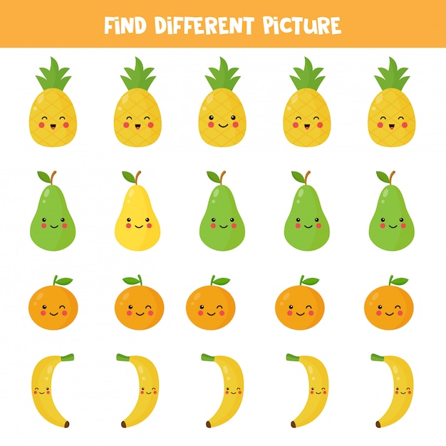 Encuentra una imagen diferente de la fruta kawaii en cada fila. Juego de lógica para niños. Ilustración de vector de linda piña, pera, naranja, plátano. Hoja de trabajo imprimible.