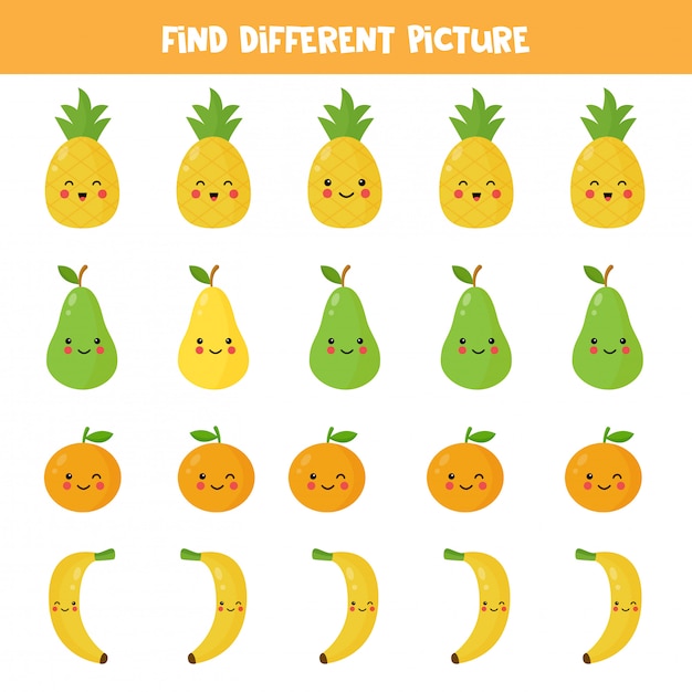 Encuentra una imagen diferente de la fruta kawaii en cada fila. juego de lógica para niños. ilustración de vector de linda piña, pera, naranja, plátano. hoja de trabajo imprimible.