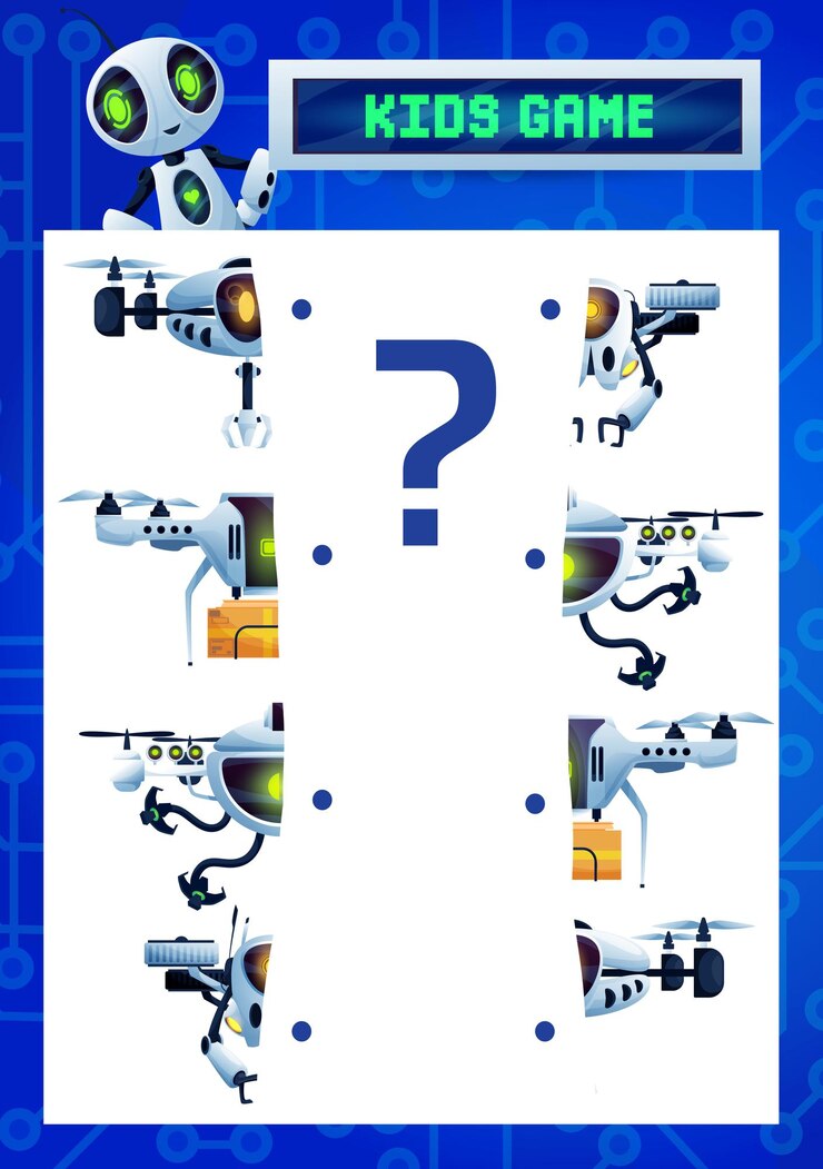 Vector encuentra un juego de acertijos para niños, los robots de dibujos animados combinan las piezas de la prueba vectorial con cyborgs voladores, drones y droides ai. tarea educativa para la actividad lógica de los niños, hoja de trabajo de desarrollo de la mente lógica