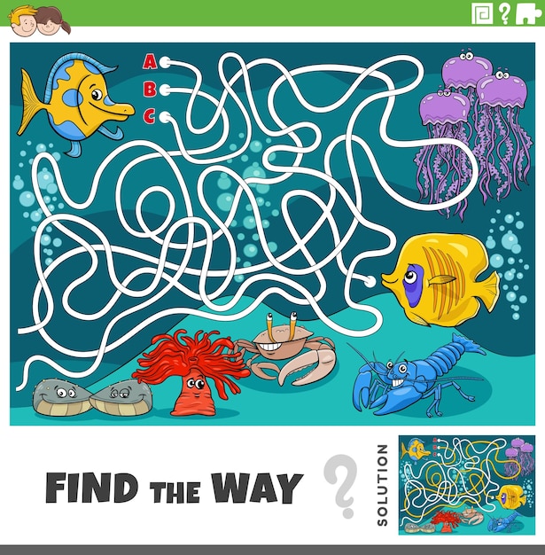 Encuentra el juego de camino con peces de dibujos animados y animales marinos.