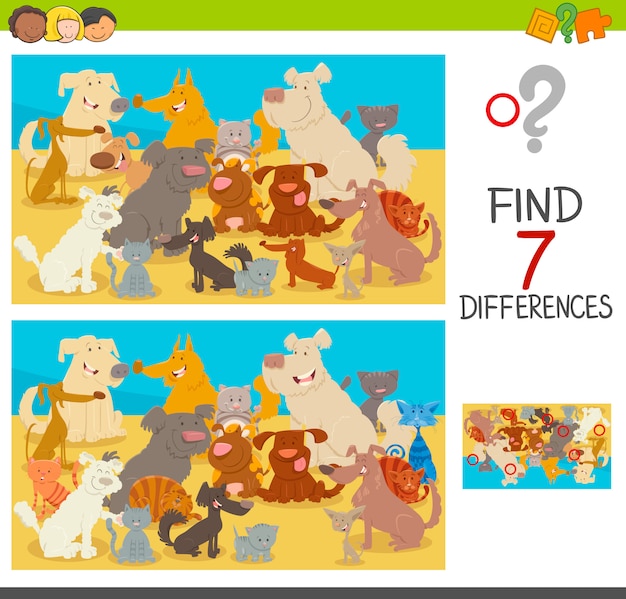 Encuentra el juego de diferencias con perros y gatos