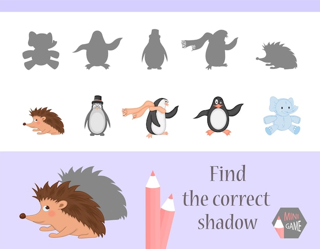Encuentra el juego de educación de sombras correcto para niños, lindos animales de dibujos animados y naturaleza, ilustración vectorial