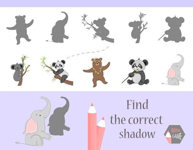 Encuentra el juego de educación de sombras correcto para niños, lindos animales de dibujos animados y naturaleza, ilustración vectorial