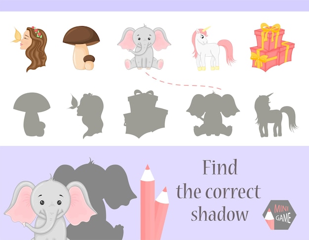 Encuentra el juego de educación de sombras correcto para niños, lindos animales de dibujos animados y naturaleza, ilustración vectorial