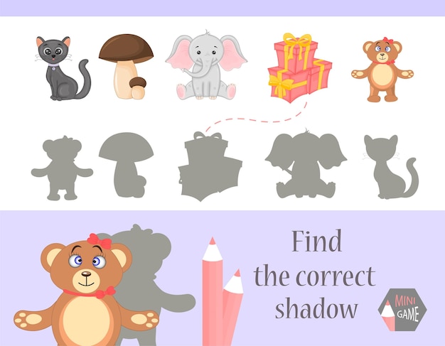 Encuentra el juego de educación de sombras correcto para niños, lindos animales de dibujos animados y naturaleza, ilustración vectorial