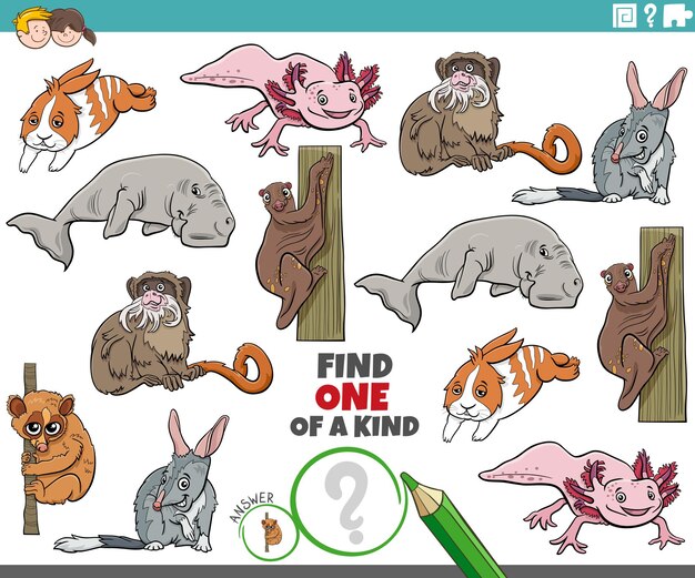 encuentra un juego de imágenes único con personajes de animales de dibujos animados